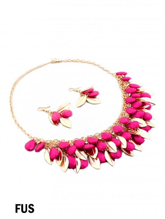 TWO TONE BEAD AND LEAF DESIGN NECKLACE WITH EARRING SET TWO TONE BEAD AND LEAF DESIGN NECKLACE WITH EARRING SET